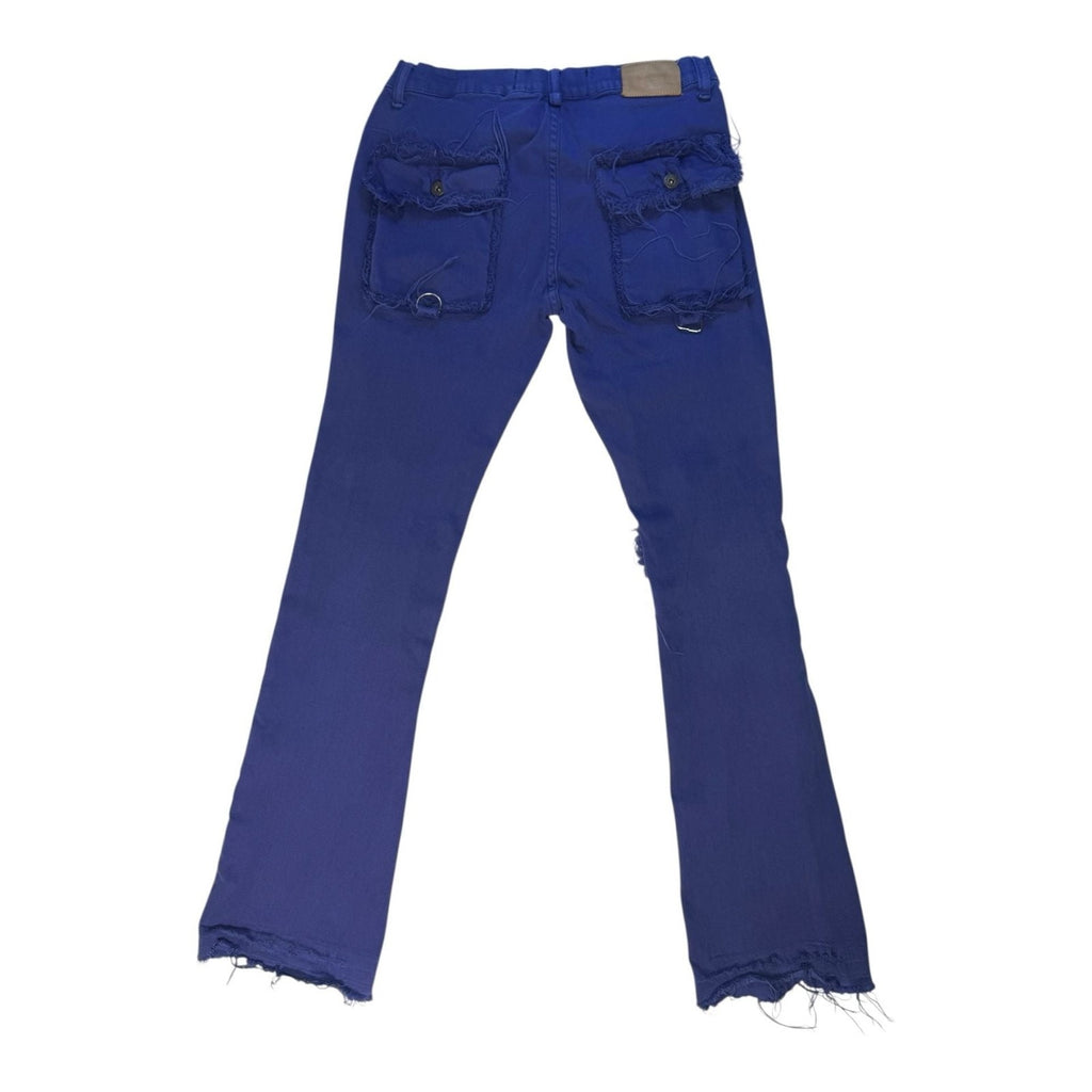 VALABASAS Royal Blue Distressed Multi-Pocket Flare Stacked Cargo Jeans