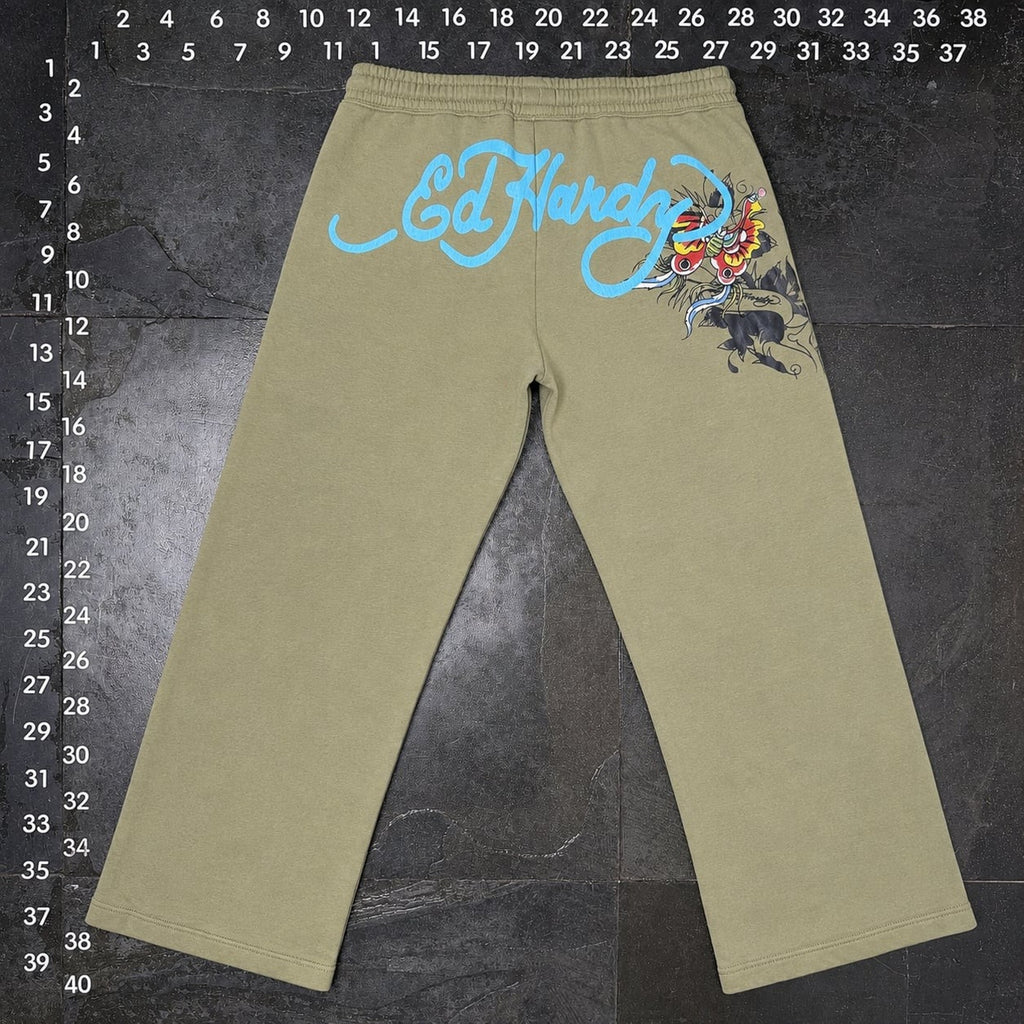 Ed Hardy Graphic Sweatpants Olive Green Size L