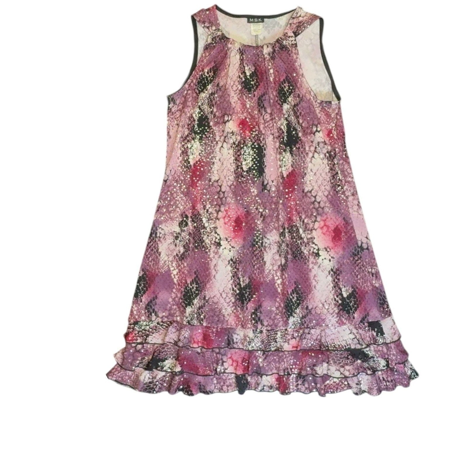 MSK Snakeskin Print Ruffle Hem Mini Dress with Sequins - Pink/Purple