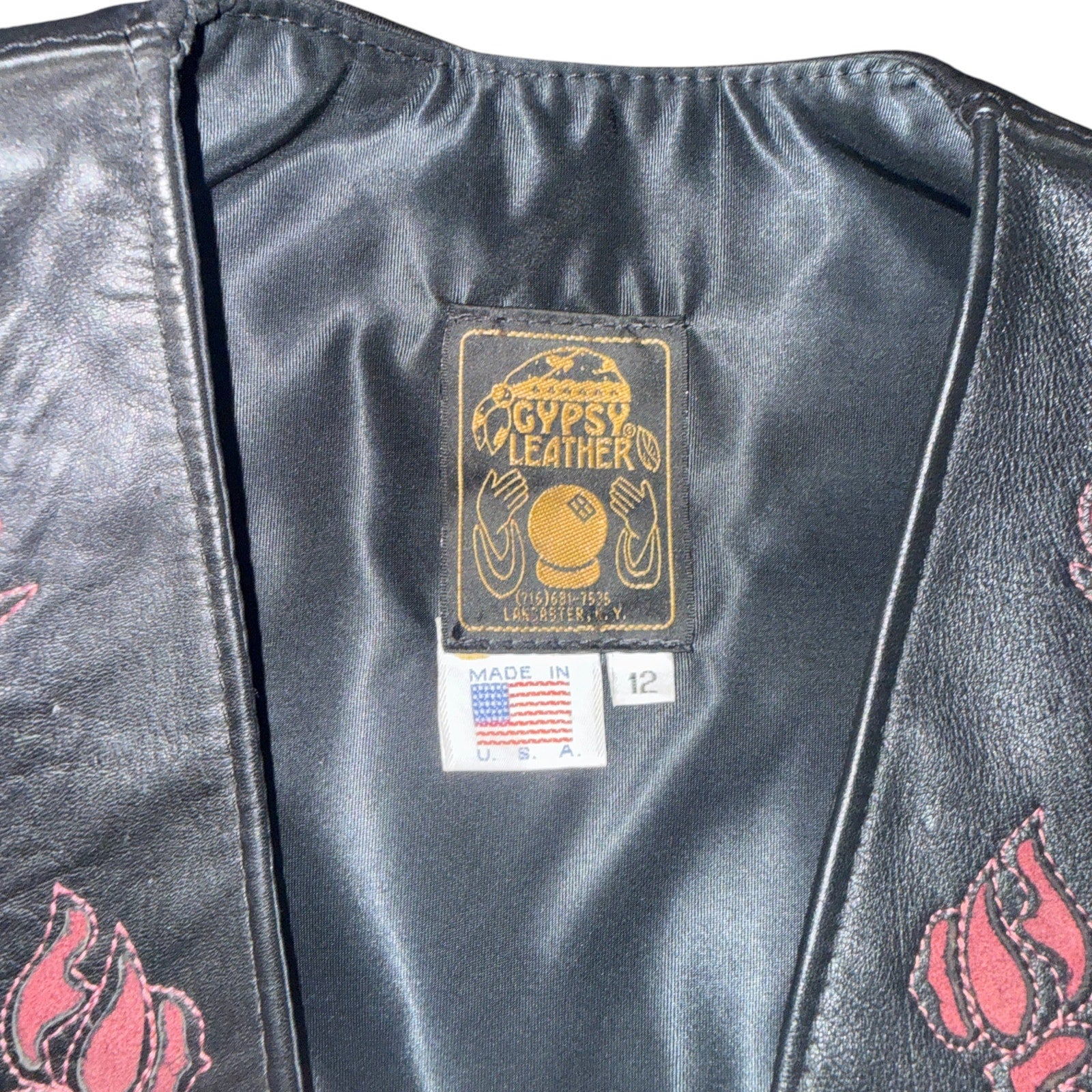 Vintage Gypsy Leathers Fringe Biker Vest, Red Rose Embroidery - Made in USA