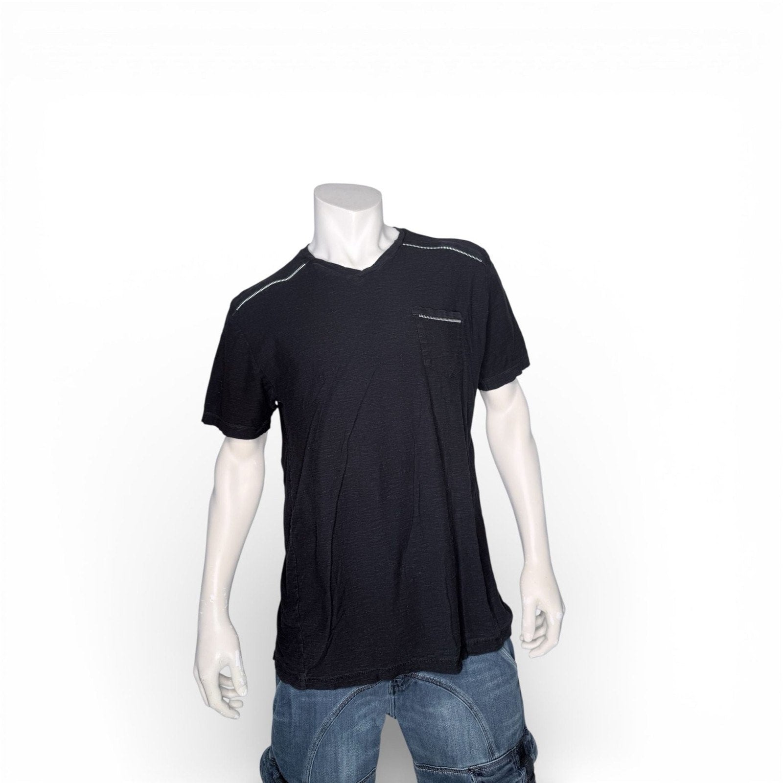 M.C.2 Black 100% Cotton V-Neck Pocket T-Shirt with Zipper Detail Size XL