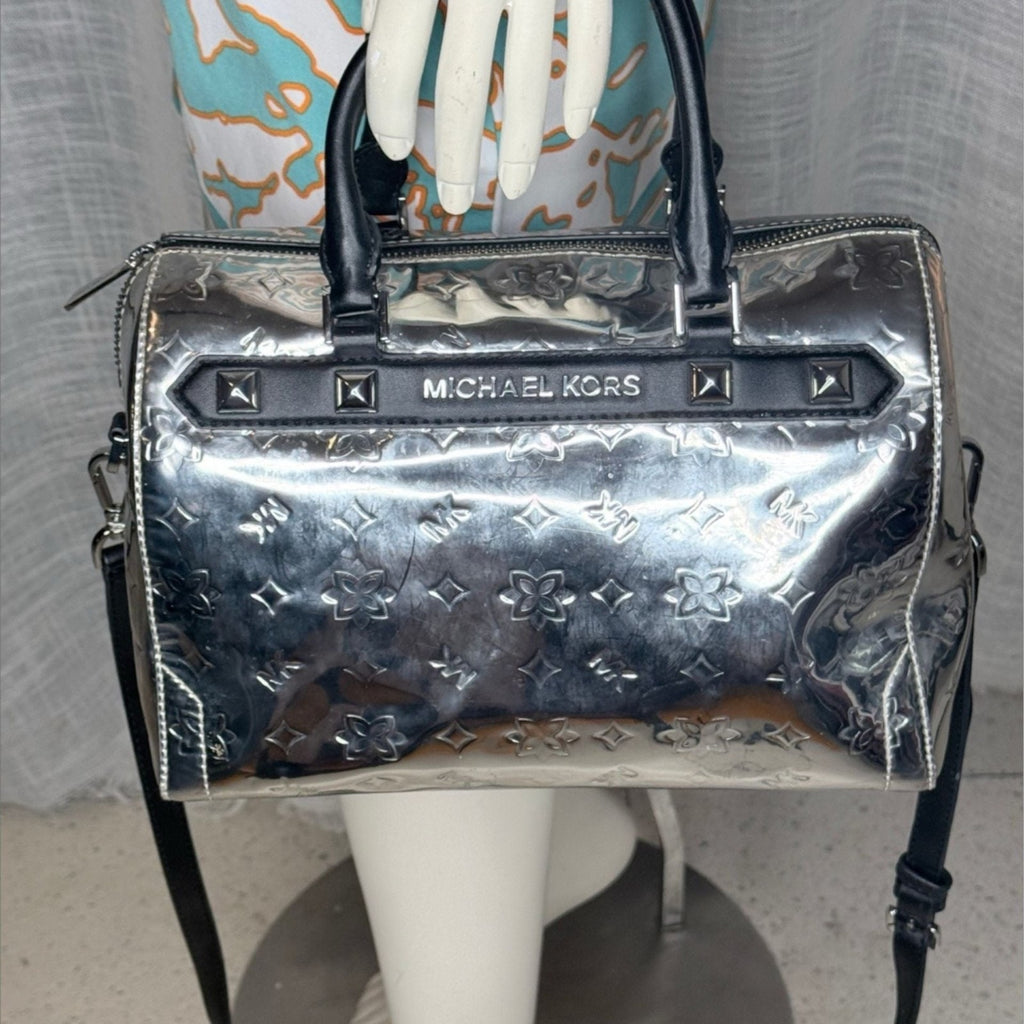 Michael Kors Kara Metallic Silver Mirror Leather Satchel Duffel Bag