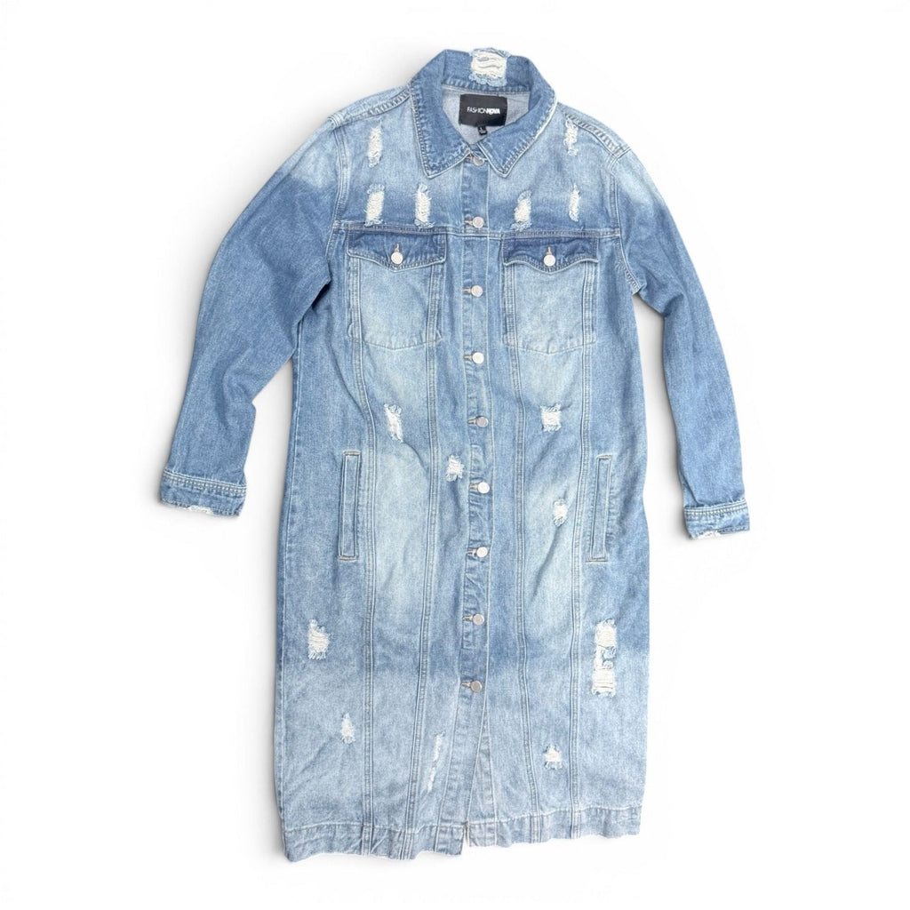 Fashion Nova Long Distressed Denim Jacket Size L