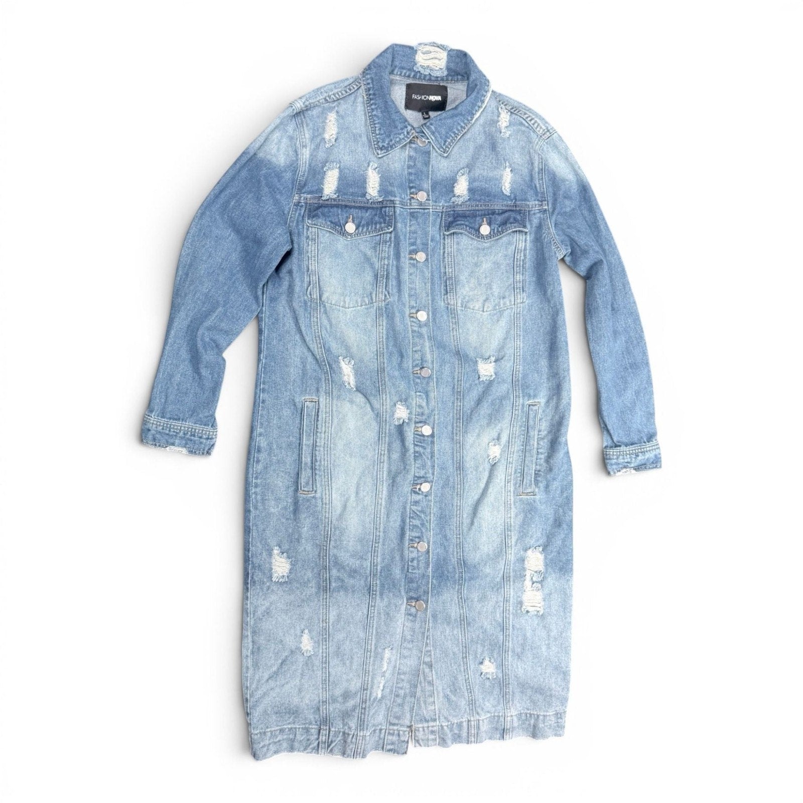 Fashion Nova Long Distressed Denim Jacket Size L