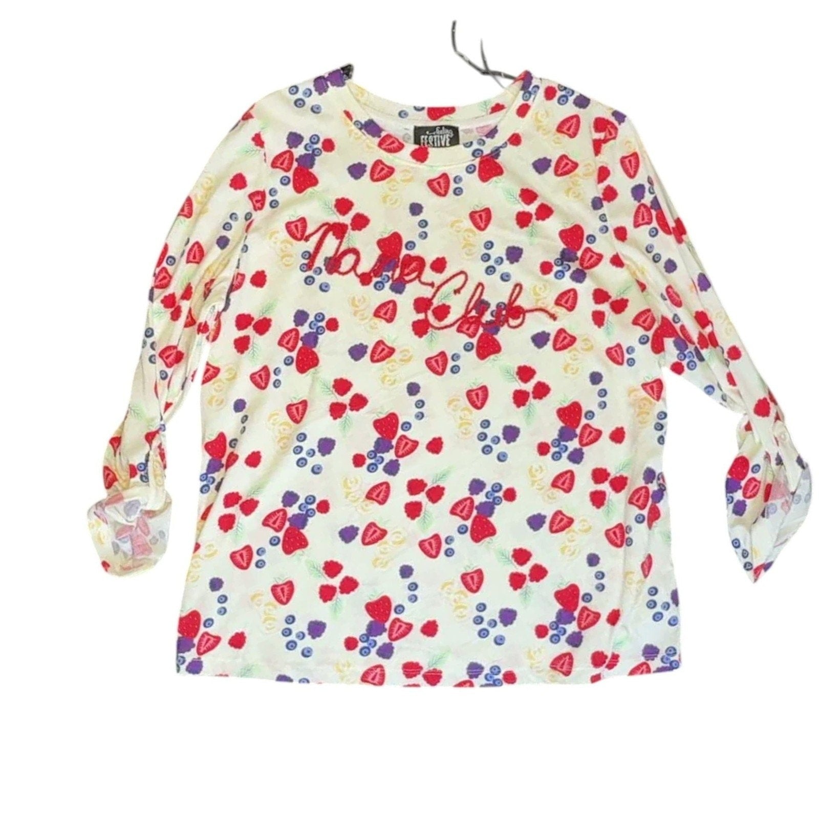 Feeling Festive Fruit Club Long Sleeve Graphic Tee Size L Cream Berry Print
