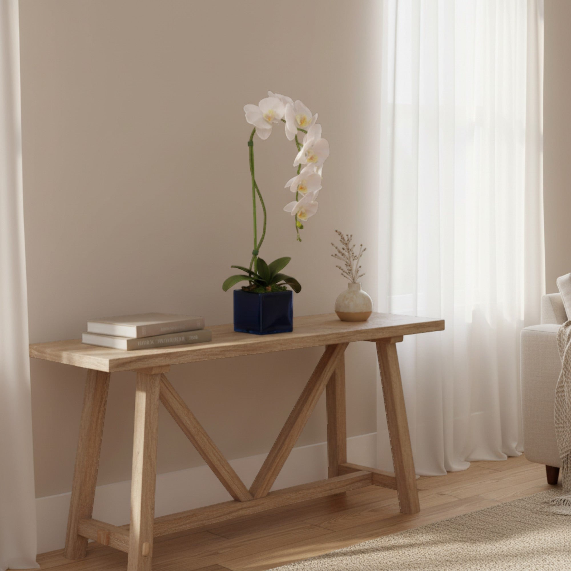 Artificial Single Stem White Orchid Arrangement in Blue Glass Cube Planter | Faux Phalaenopsis Floral Decor