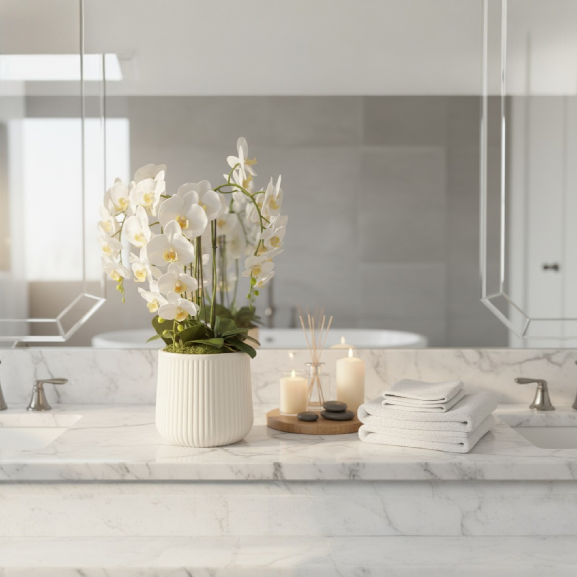 28 Inch Artificial White Orchid Arrangement, 4 Stem Phalaenopsis with Real Touch Latex Flowers, Textured White Pot with Faux Moss, Home Office Decor