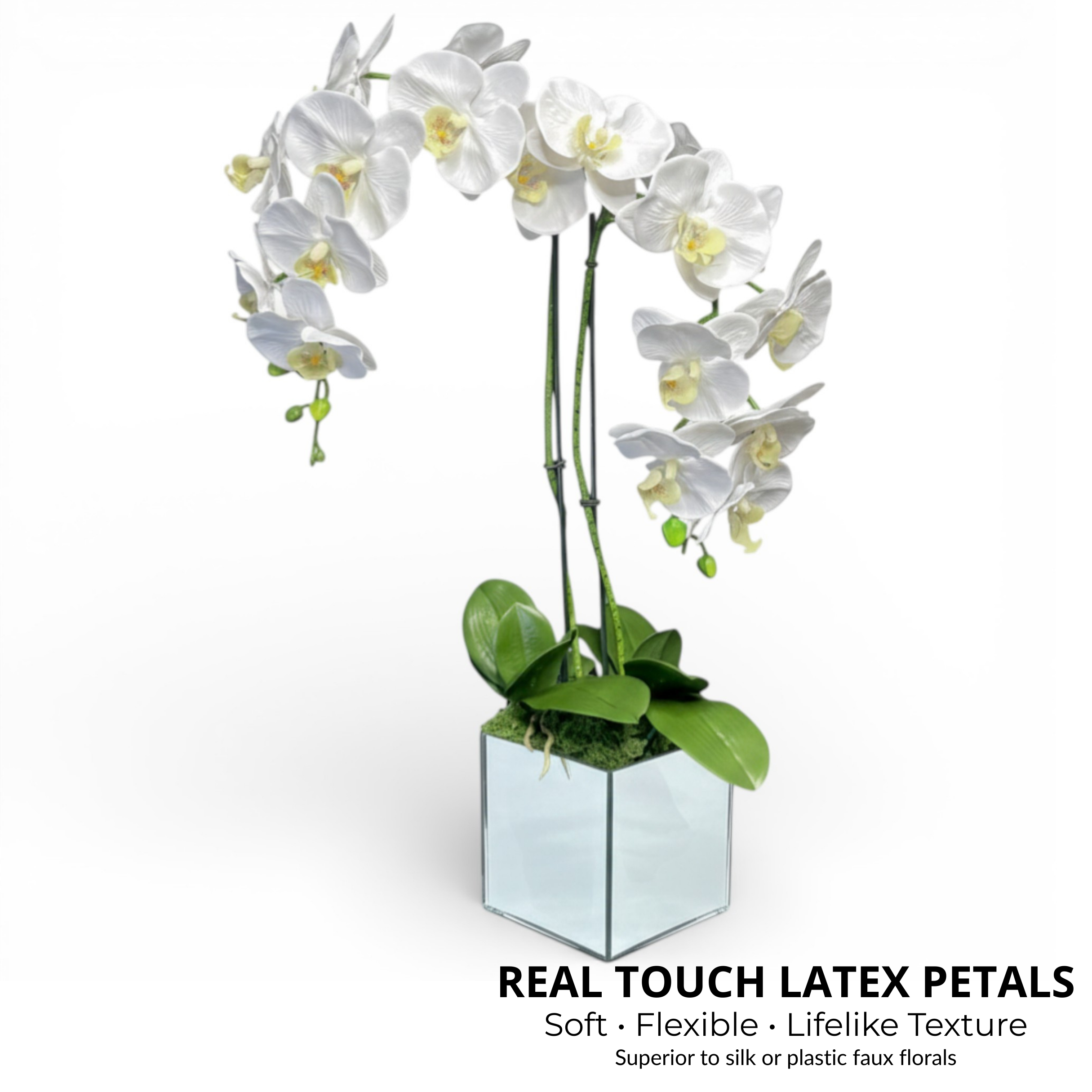 Artificial White Orchid Arrangement, Double Stem Real Touch Latex Phalaenopsis in Mirror Glass Cube Planter, Luxury Faux Orchid for Modern Home & Office Decor