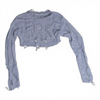 Zara Metallic Blue Distressed Open Knit Cropped Shrug Sweater