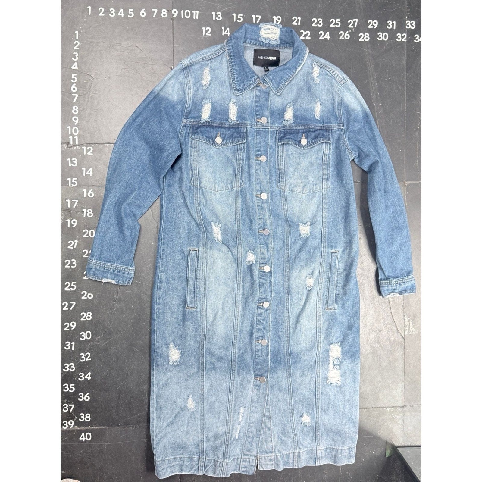 Fashion Nova Long Distressed Denim Jacket Size L