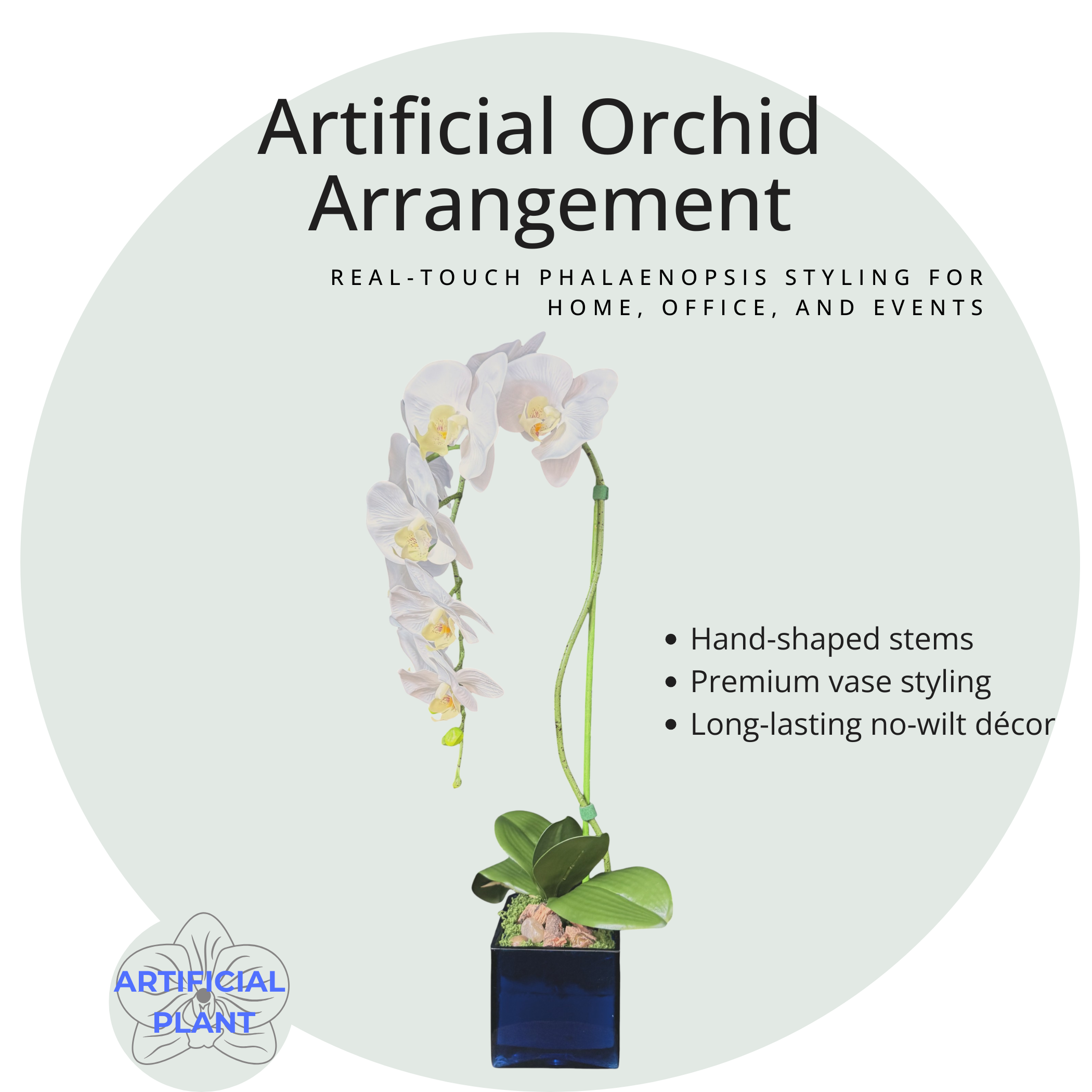 Artificial Single Stem White Orchid Arrangement in Blue Glass Cube Planter, Faux Phalaenopsis Floral Decor, Modern Home Office Desk Decoration