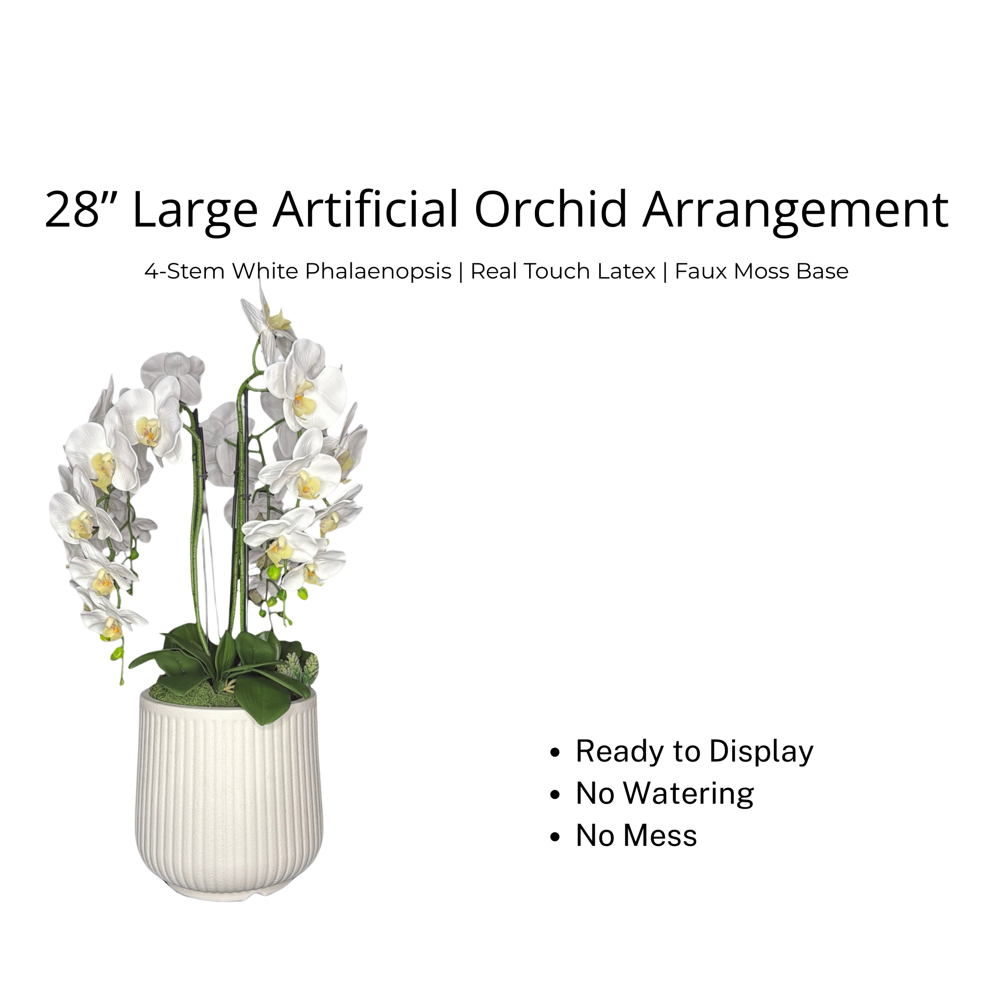 28 Inch Artificial White Orchid Arrangement, 4 Stem Phalaenopsis with Real Touch Latex Flowers, Textured White Pot with Faux Moss, Home Office Decor