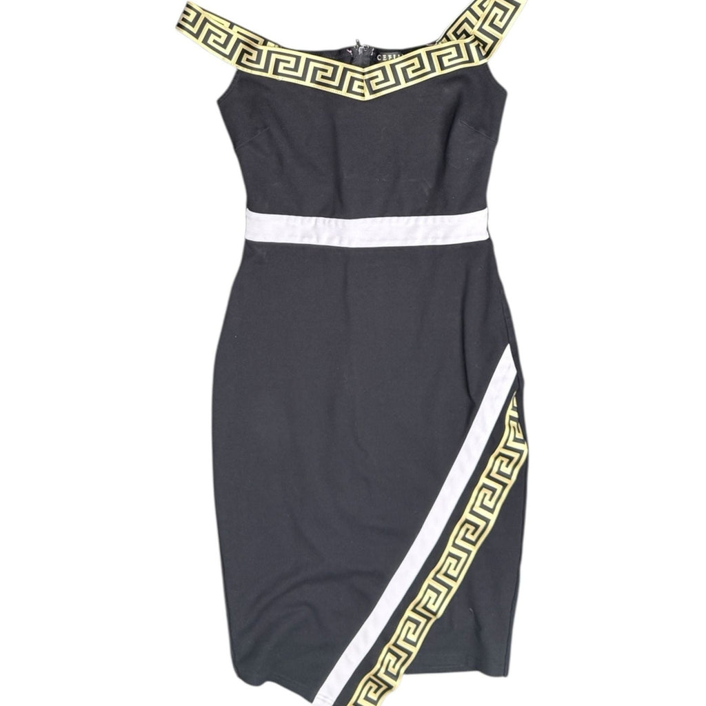 CEFIAN Black Off-The-Shoulder Midi Dress with Gold Greek Key Trim