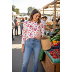Feeling Festive Fruit Club Long Sleeve Graphic Tee Size L Cream Berry Print