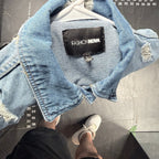 Fashion Nova Long Distressed Denim Jacket Size L