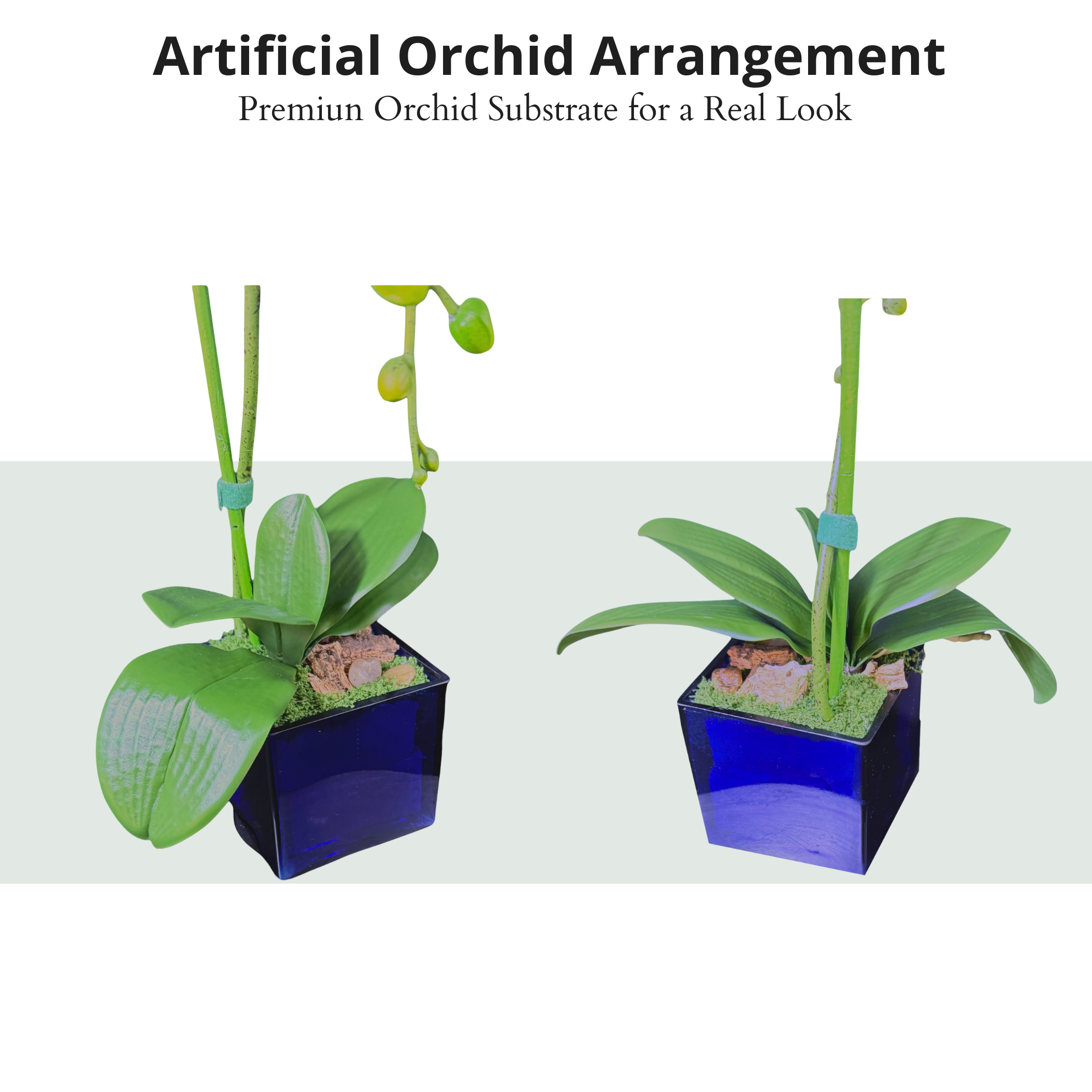 Artificial Single Stem White Orchid Arrangement in Blue Glass Cube Planter, Faux Phalaenopsis Floral Decor, Modern Home Office Desk Decoration