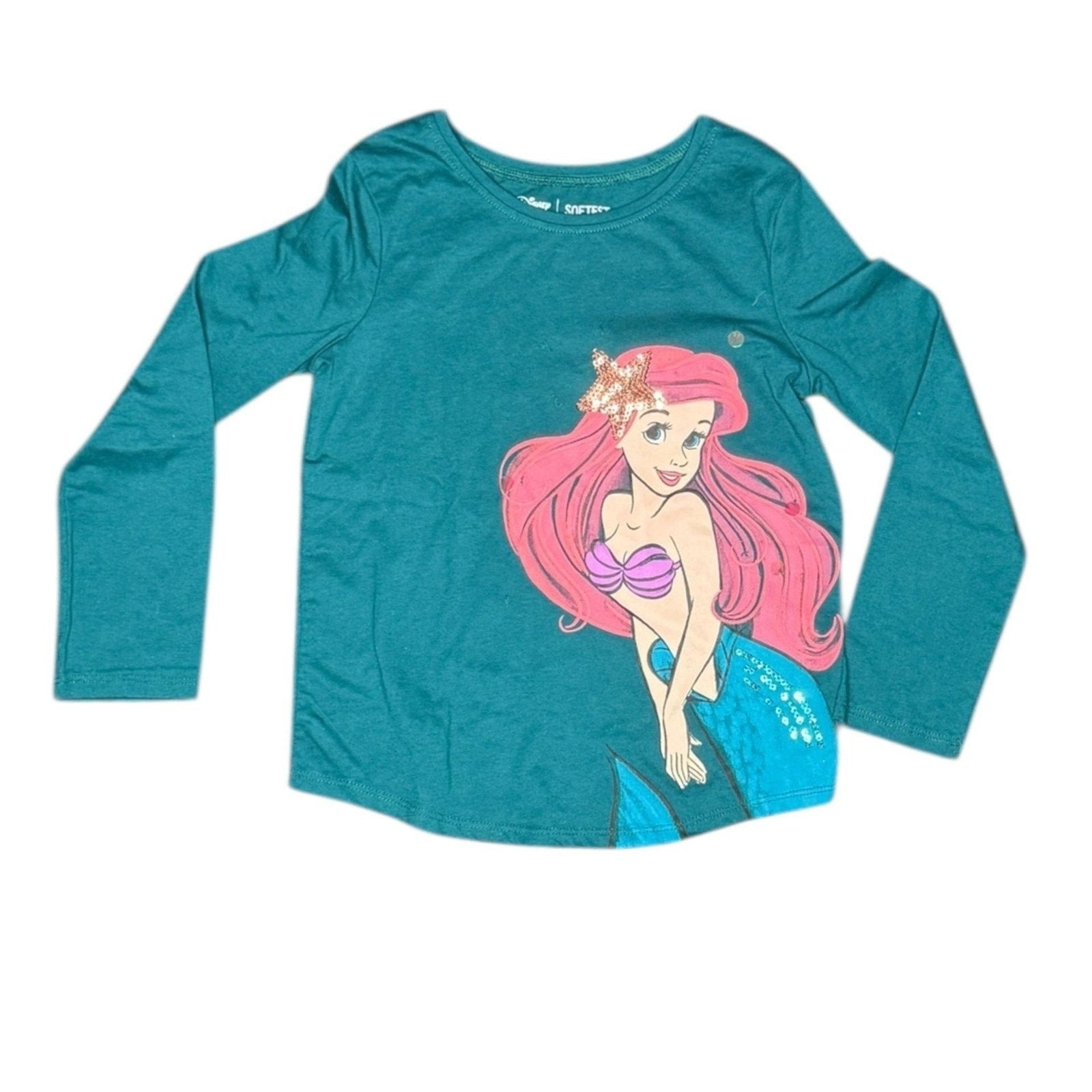 Disney Girls Ariel The Little Mermaid Sequin Accent Long Sleeve Shirt - Teal