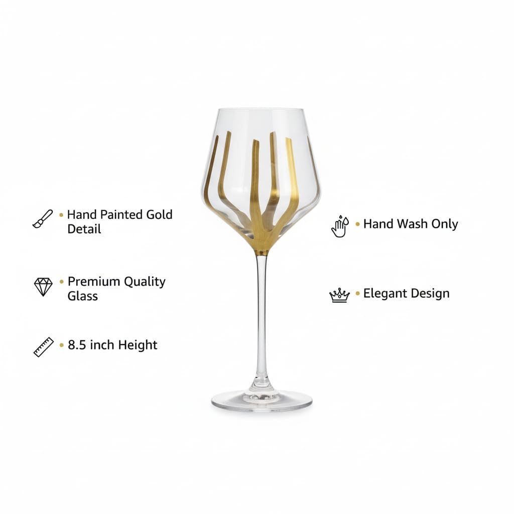 Hand Painted Gold Wine Glasses Set of 4 | Luxury Modern Stemware for Dinner Parties, Holidays & Gifts | Unique Decorative Wine Glass Set | Hand Wash Only