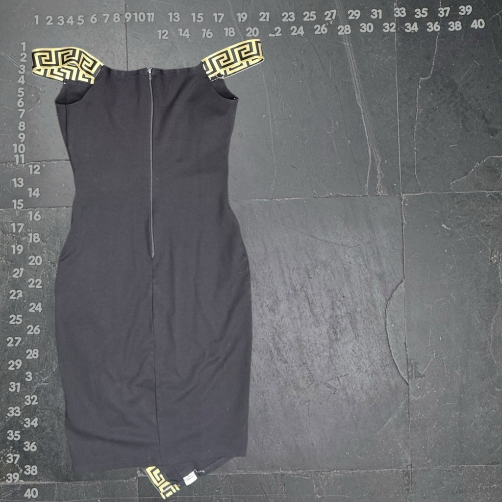 CEFIAN Black Off-The-Shoulder Midi Dress with Gold Greek Key Trim