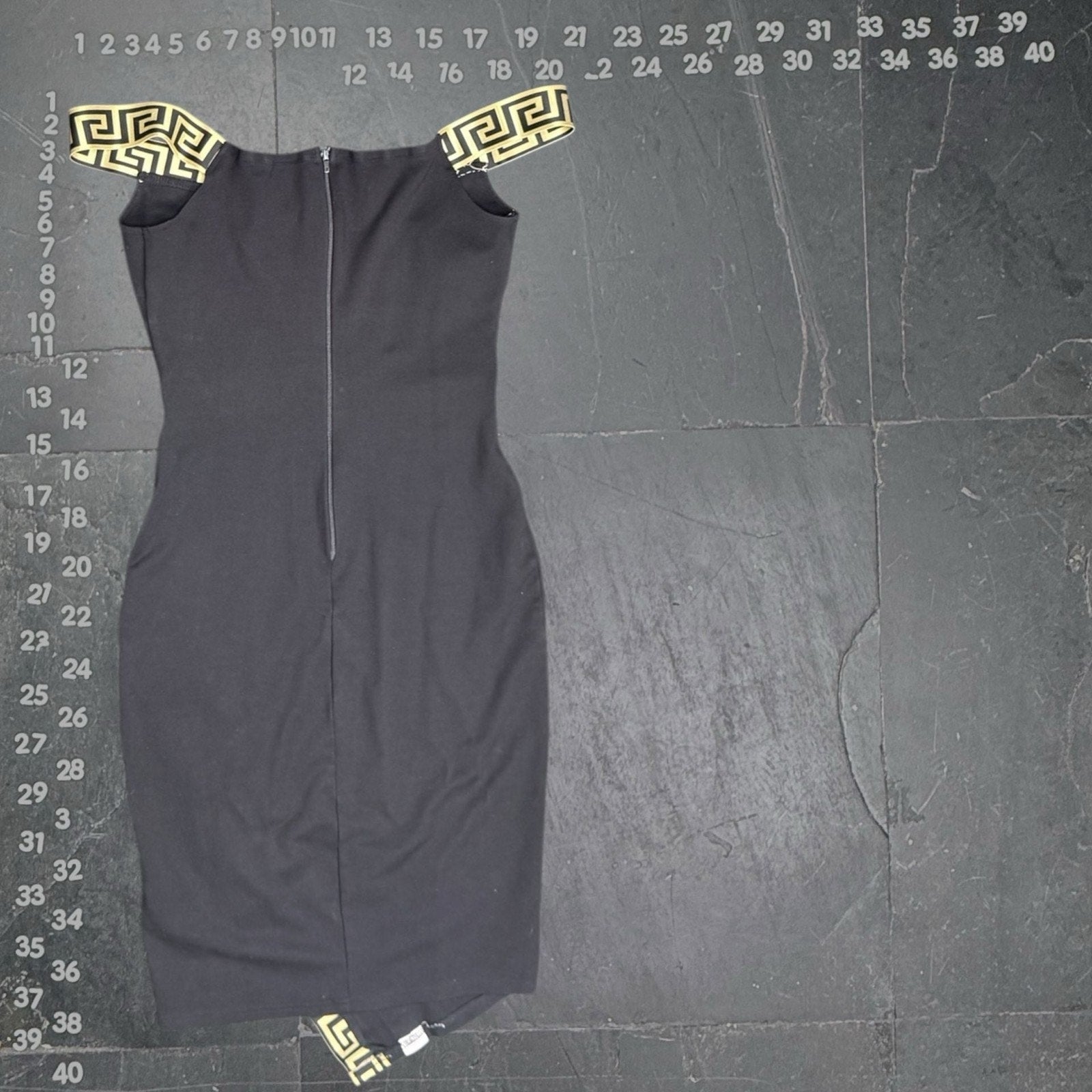 CEFIAN Black Off-The-Shoulder Midi Dress with Gold Greek Key Trim