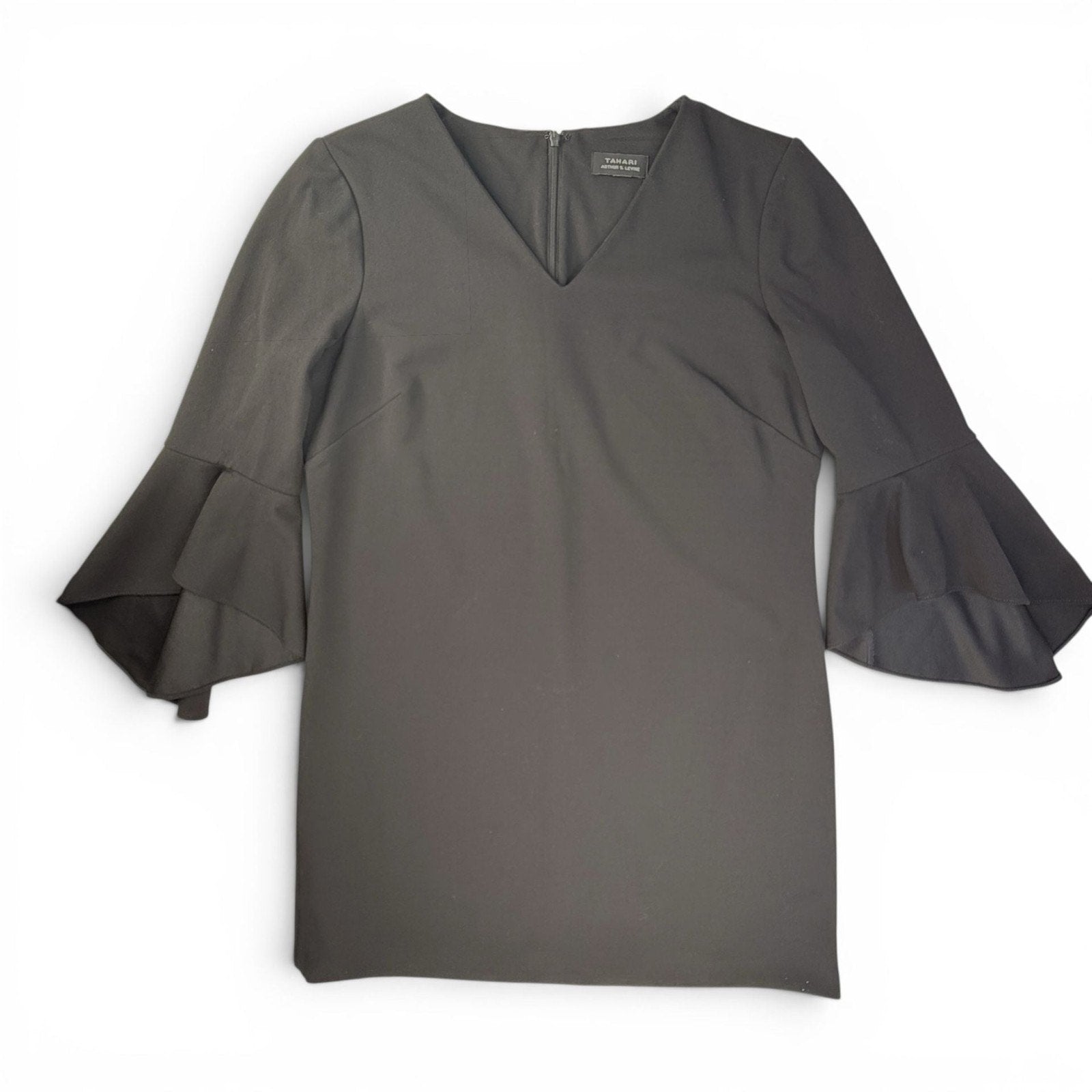 Tahari Arthur S. Levine Black V-Neck Tiered Bell Sleeve Shift Dress