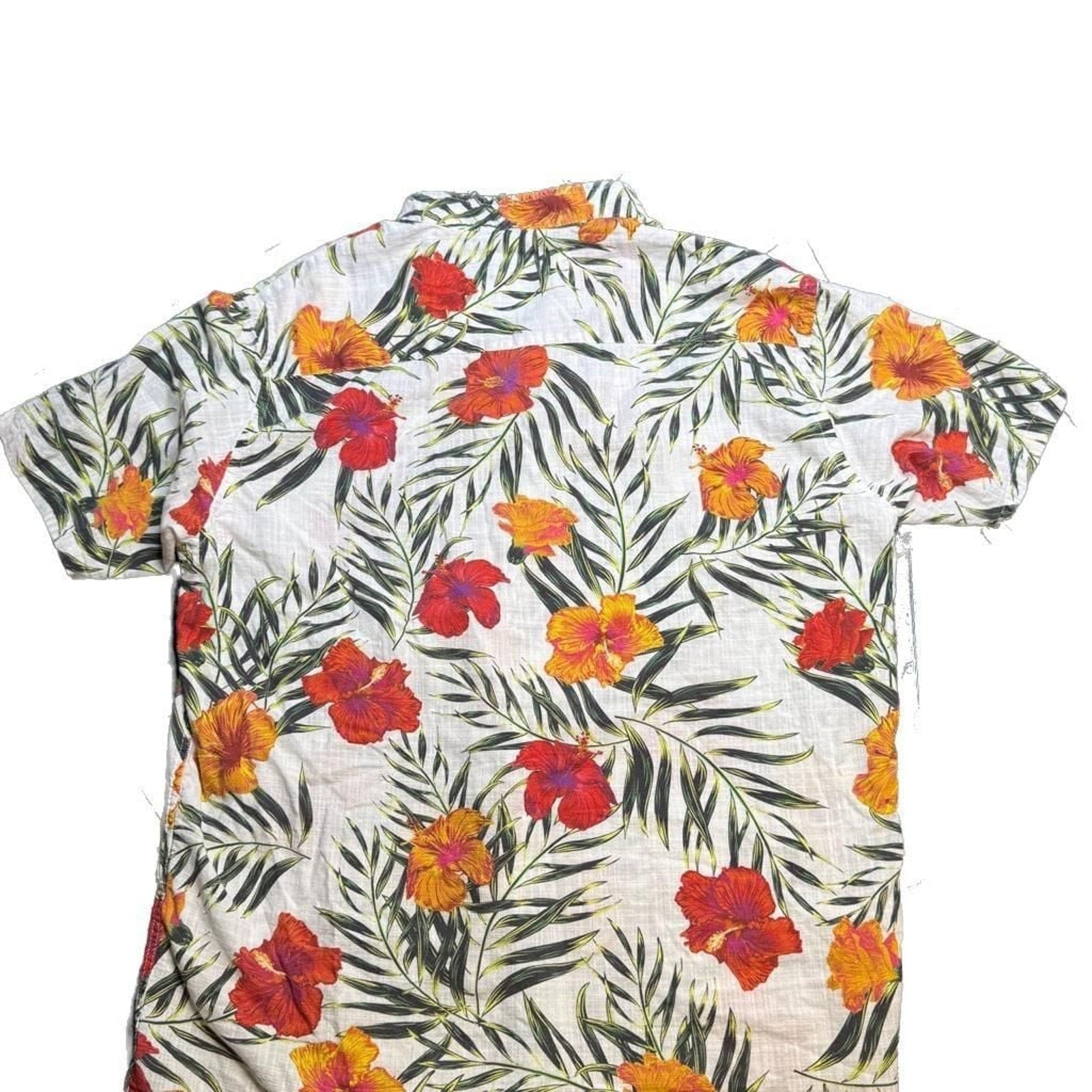Reserva Men's White Tropical Hibiscus Floral Short Sleeve Linen Shirt