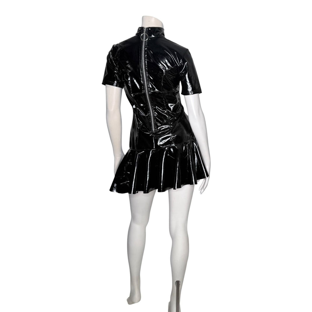 Miaou Frankie Black Latex PVC Short Sleeve Mini Dress with Back O-Ring Zipper