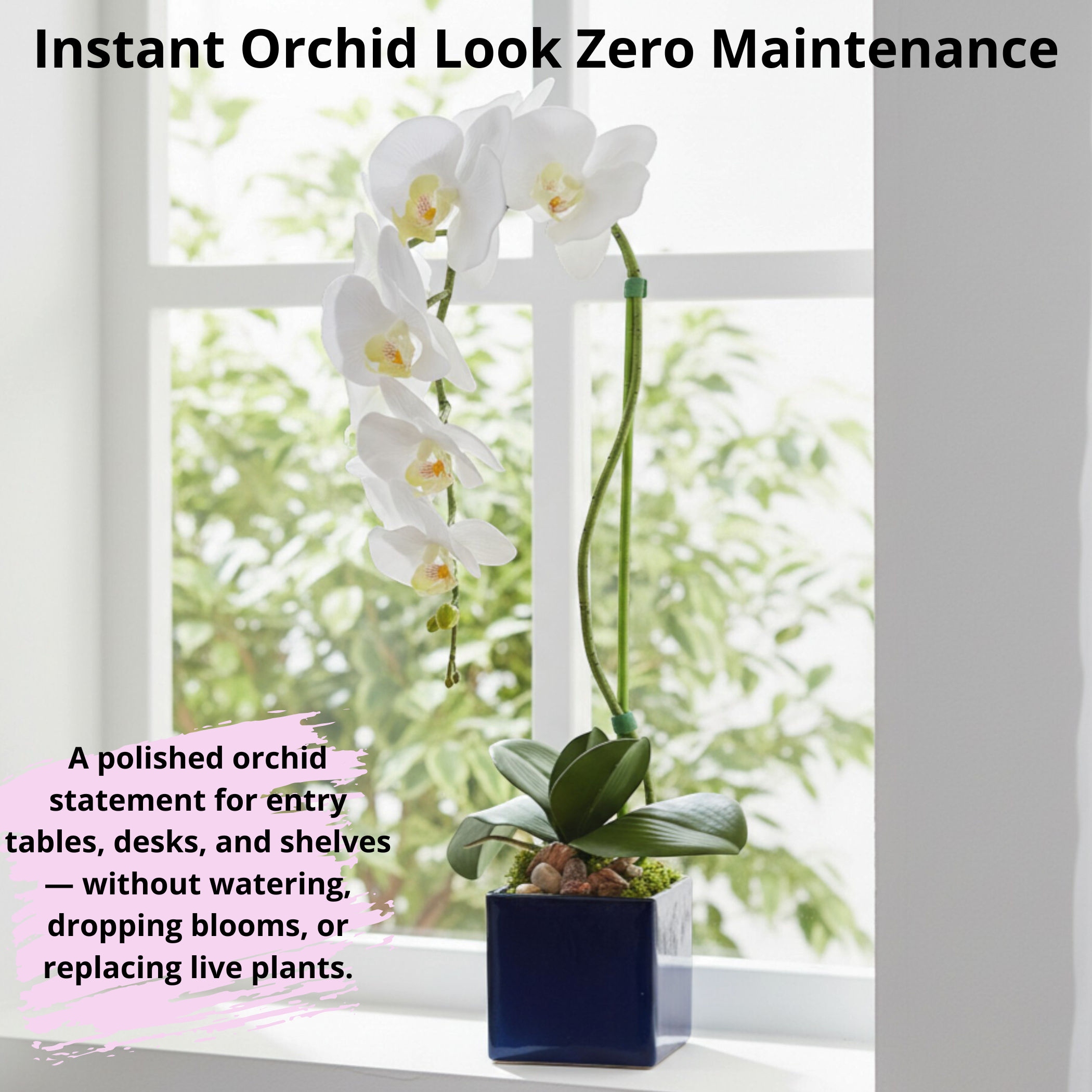 Artificial Single Stem White Orchid Arrangement in Blue Glass Cube Planter | Faux Phalaenopsis Floral Decor