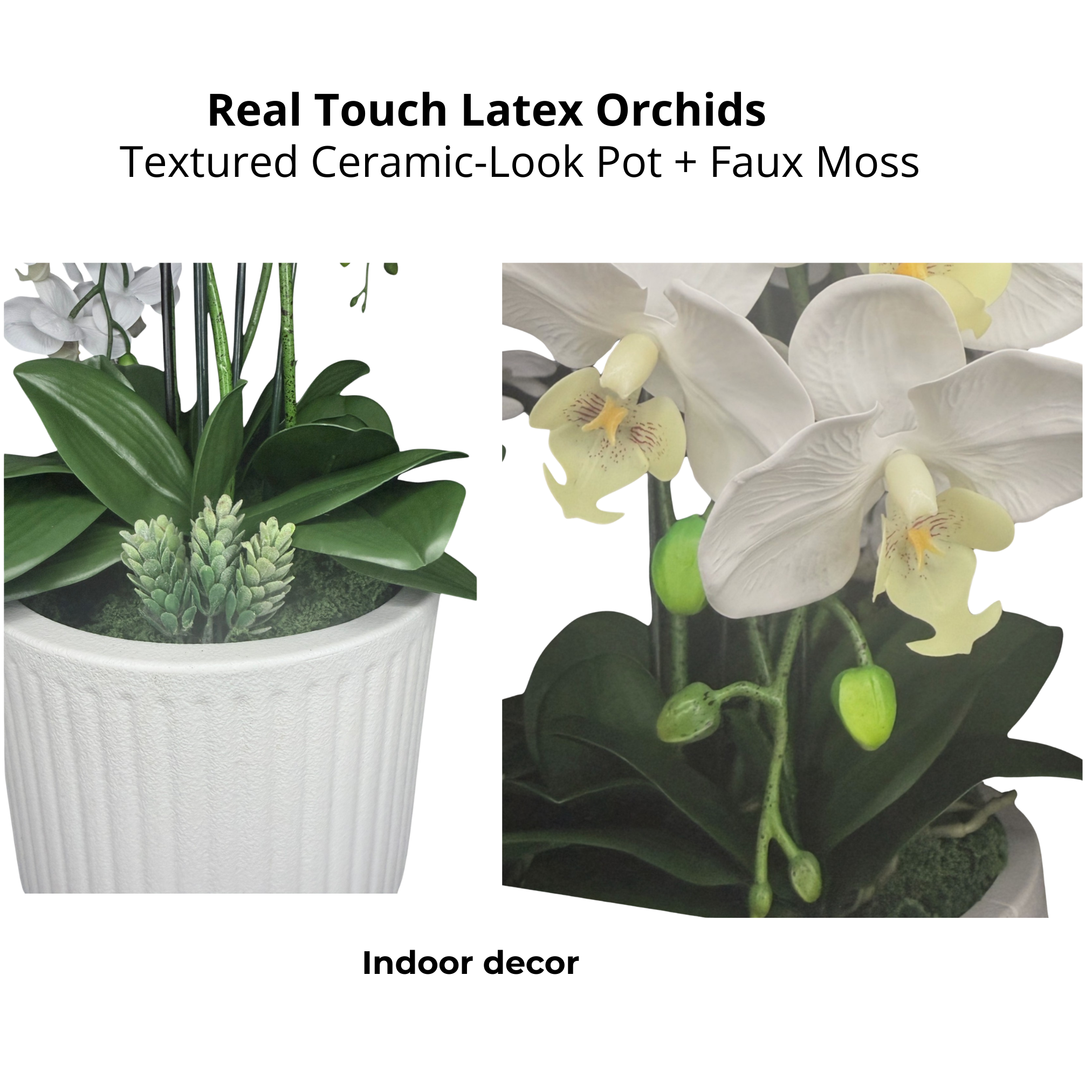 28 Inch Artificial White Orchid Arrangement, 4 Stem Phalaenopsis with Real Touch Latex Flowers, Textured White Pot with Faux Moss, Home Office Decor