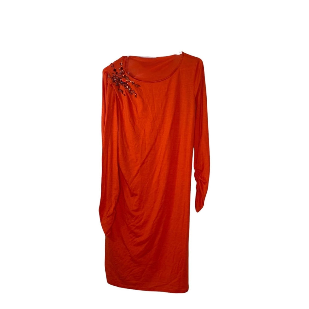 Susan Graver Liquid Knit Orange Ruched Embellished Long Sleeve Dress