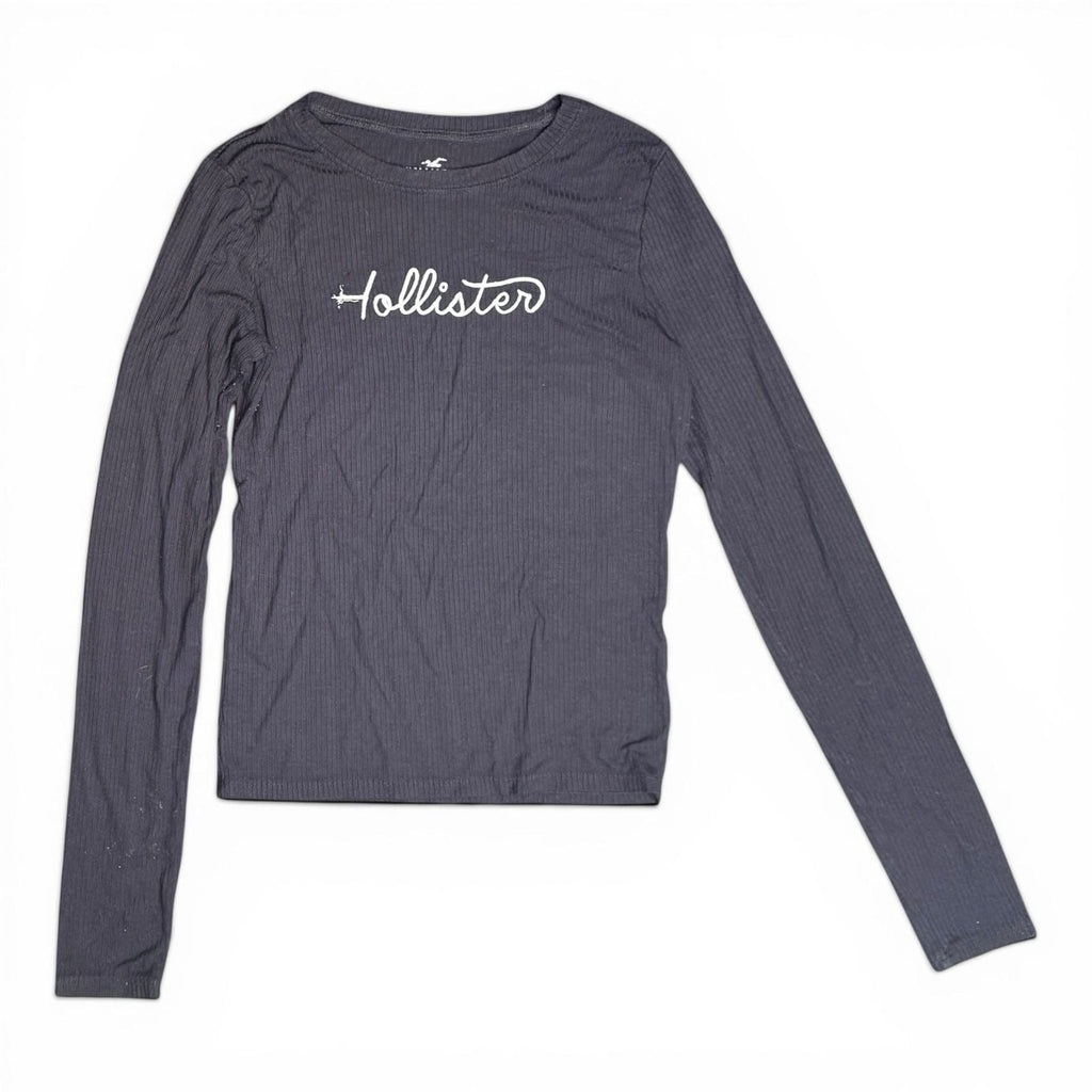 Hollister Gray Ribbed Long Sleeve Graphic Crop Tee Small