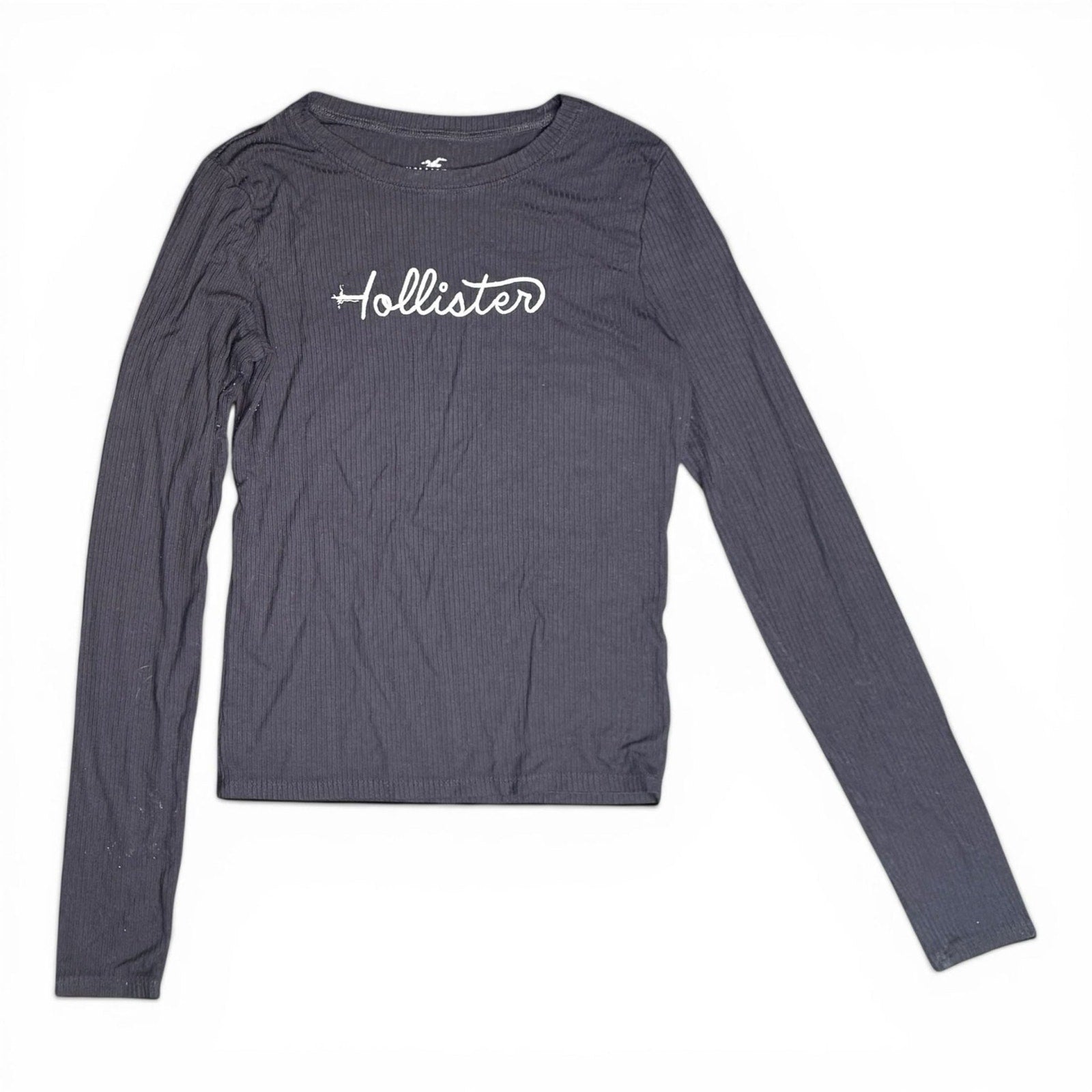 Hollister Gray Ribbed Long Sleeve Graphic Crop Tee Small