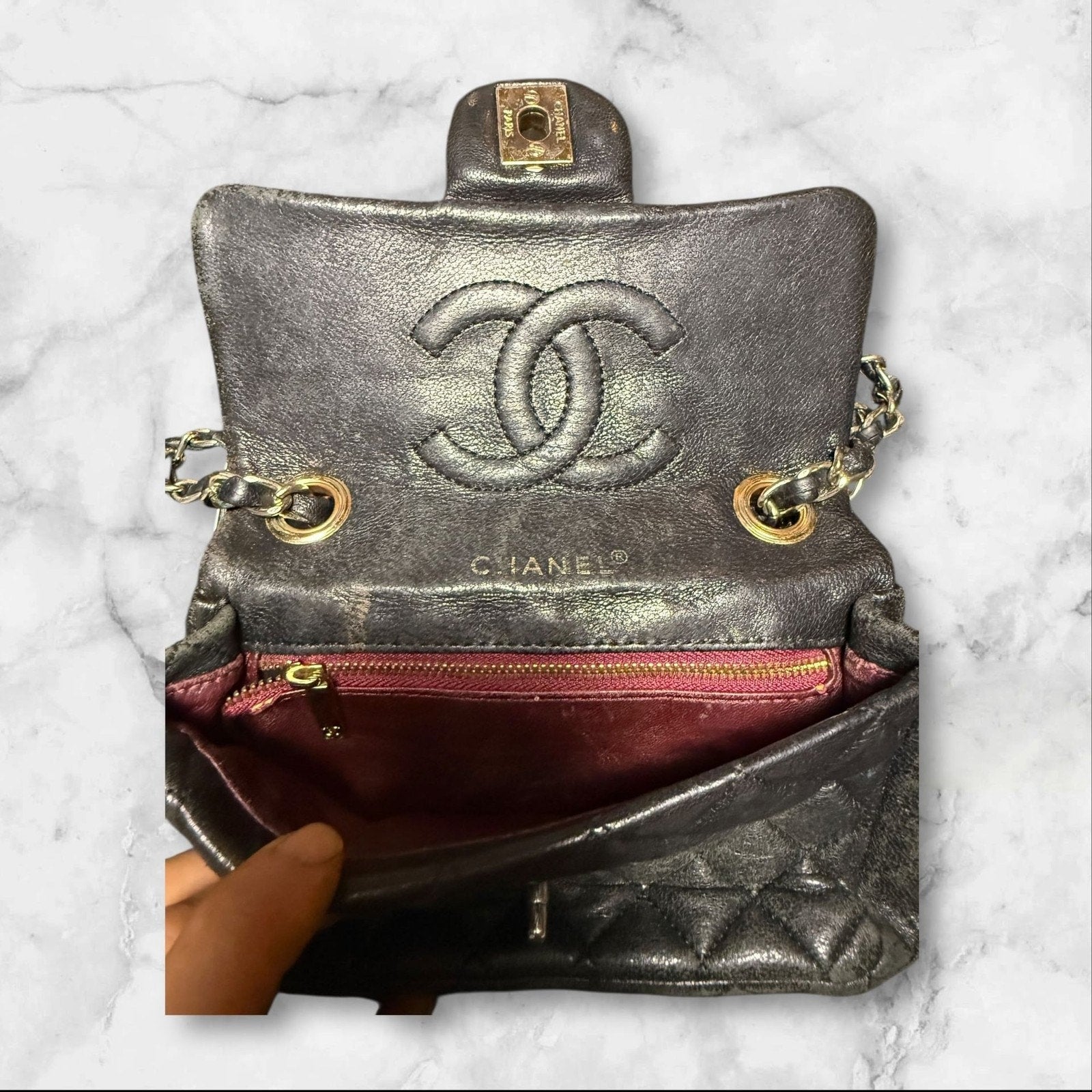CHANEL Quilted Mini Flap Bag, Metallic Charocoal Leather, Silver-Tone Hardware.