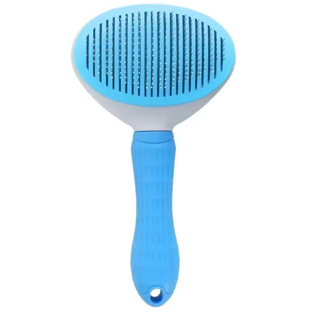 Self-Cleaning Pet Grooming Brush for Dogs and Cats, Stainless Steel Bristles, Blue and White, 7.6 Inches, Non-Slip Handle, Deshedding Tool