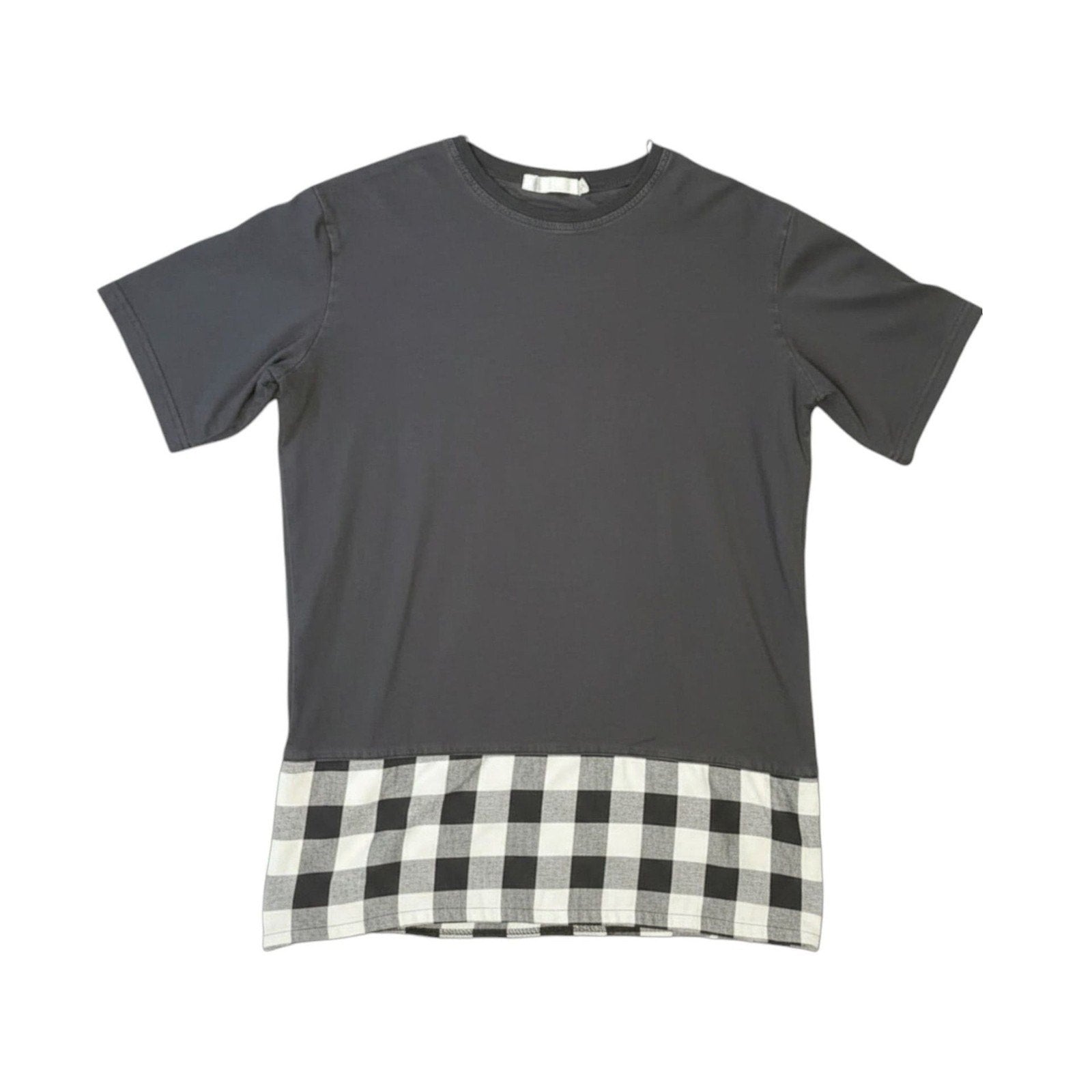 Grey Short Sleeve T-Shirt with Buffalo Plaid Layered Hem - Size L
