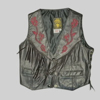 Vintage Gypsy Leathers Fringe Biker Vest, Red Rose Embroidery - Made in USA
