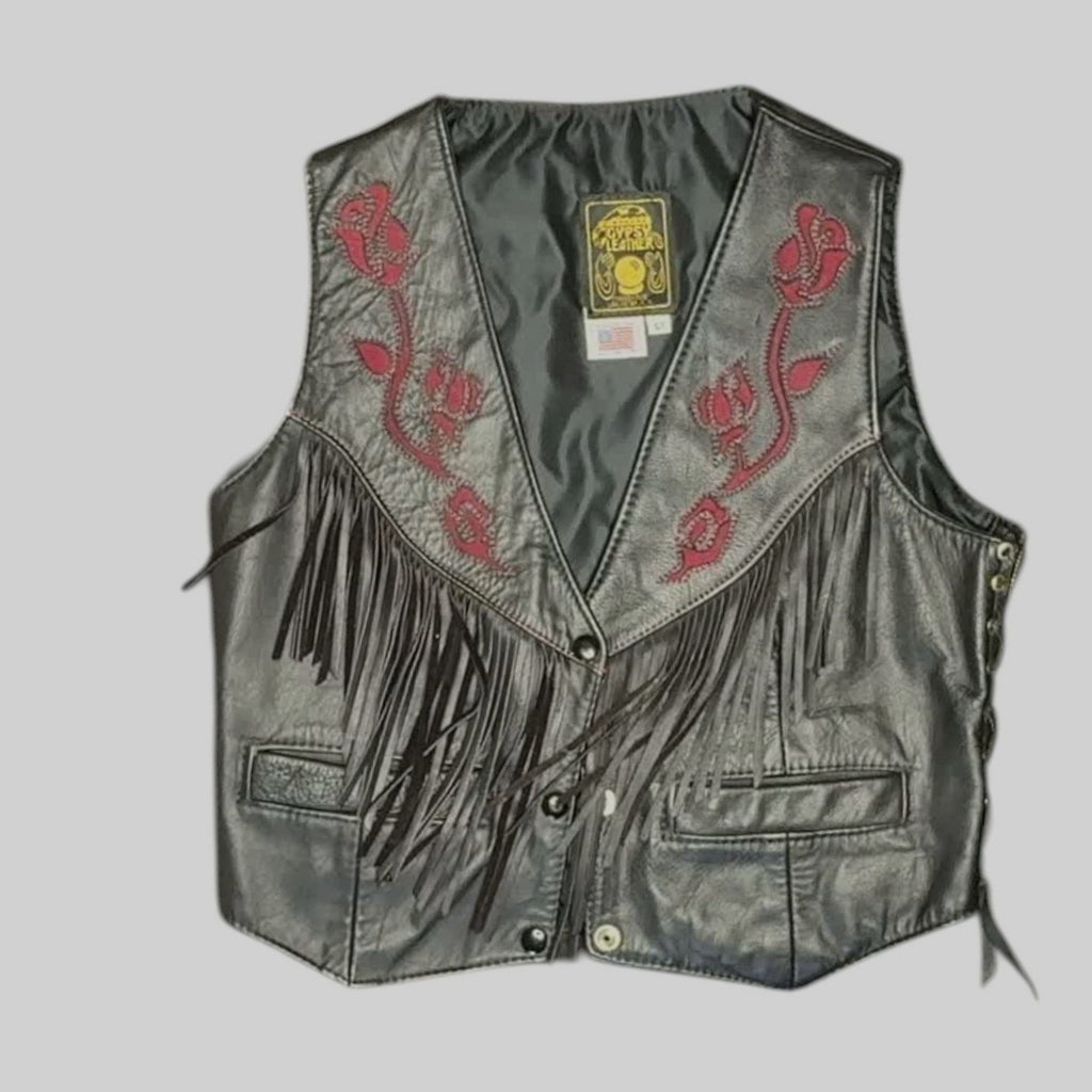 Vintage Gypsy Leathers Fringe Biker Vest, Red Rose Embroidery - Made in USA