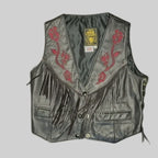Vintage Gypsy Leathers Fringe Biker Vest, Red Rose Embroidery - Made in USA