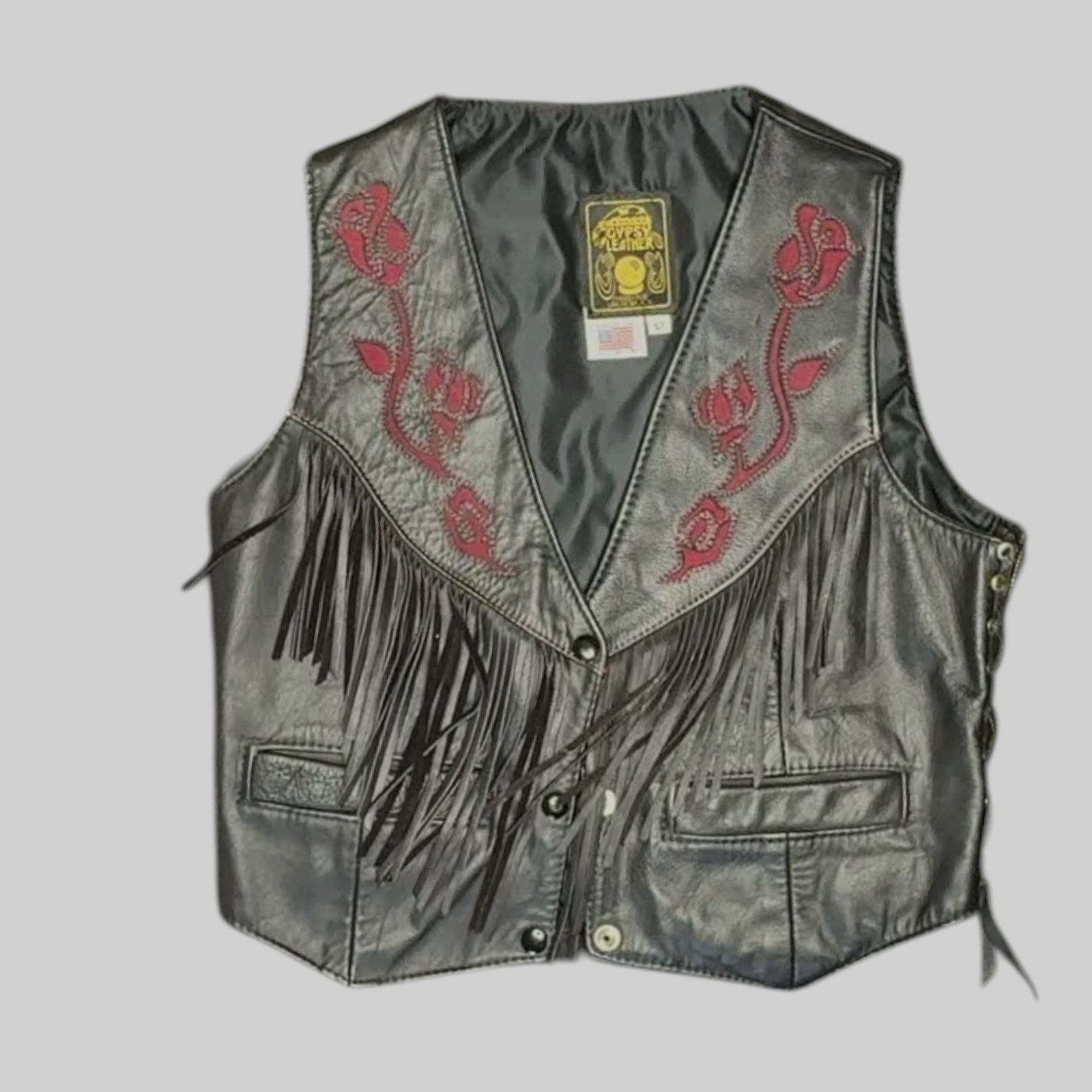 Vintage Gypsy Leathers Fringe Biker Vest, Red Rose Embroidery - Made in USA