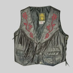 Vintage Gypsy Leathers Fringe Biker Vest, Red Rose Embroidery - Made in USA gypsy leathers