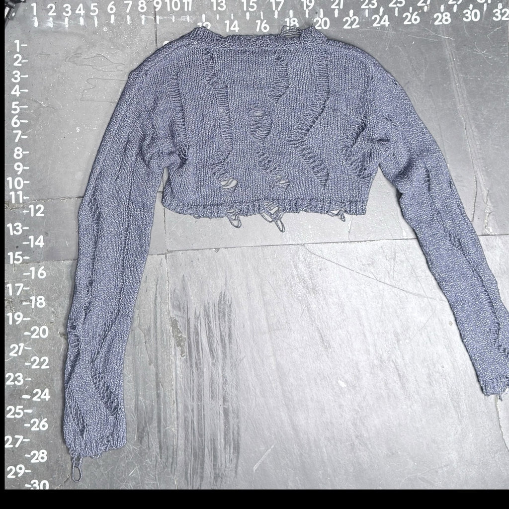 Zara Metallic Blue Distressed Open Knit Cropped Shrug Sweater