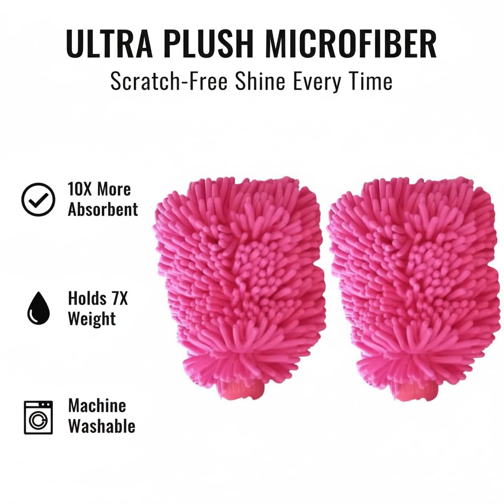Chenille Microfiber Car Wash Mitt (2 Pack) – Dual-Sided Ultra-Soft Scratch-Free Cleaning Glove with Elastic Cuff, Highly Absorbent for Cars, Trucks, Boats & Auto Detailing (Dark Blue)