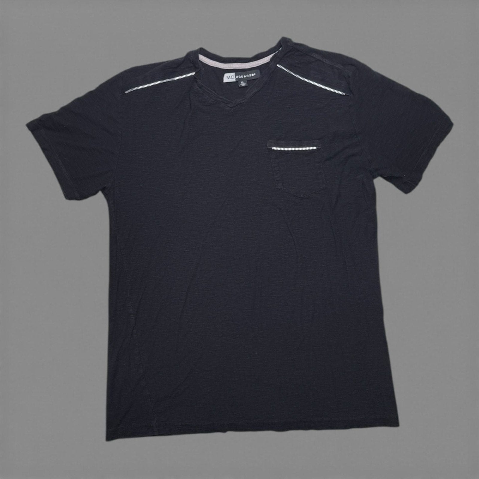 M.C.2 Black 100% Cotton V-Neck Pocket T-Shirt with Zipper Detail Size XL