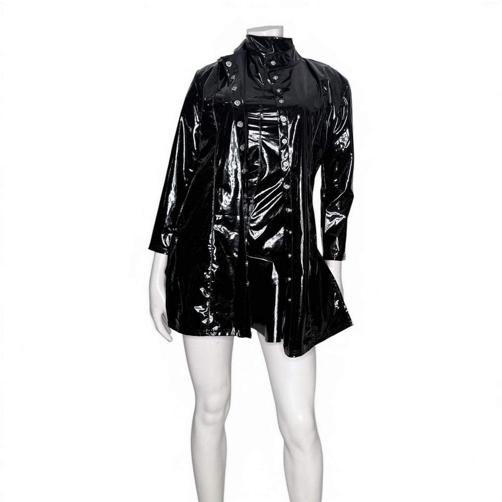 Patrice Catanzaro Black Vinyl Patent Button Down Crepuscule Mini Dress