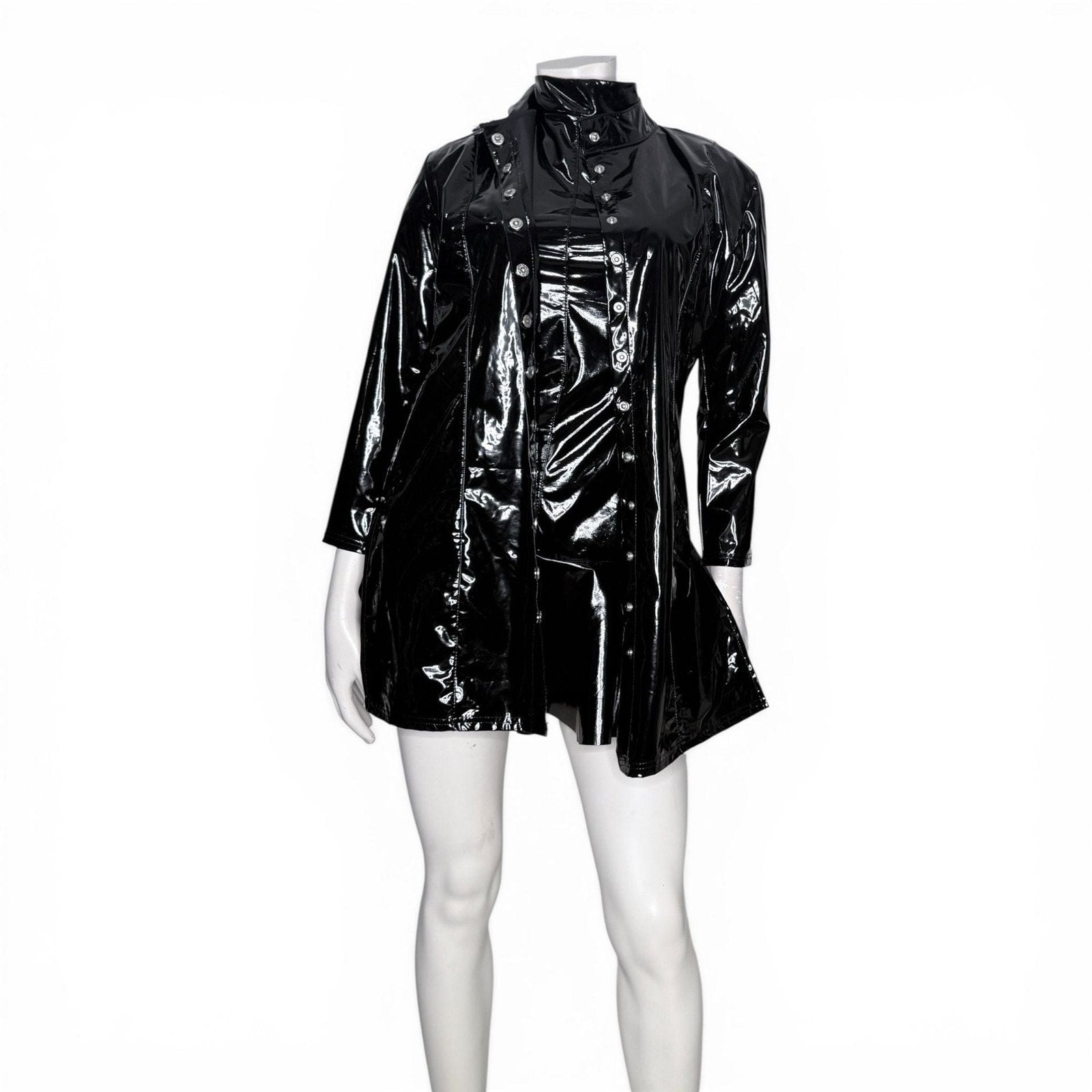 Patrice Catanzaro Black Vinyl Patent Button Down Crepuscule Mini Dress