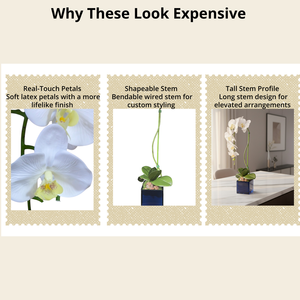 Artificial Single Stem White Orchid Arrangement in Blue Glass Cube Planter, Faux Phalaenopsis Floral Decor, Modern Home Office Desk Decoration