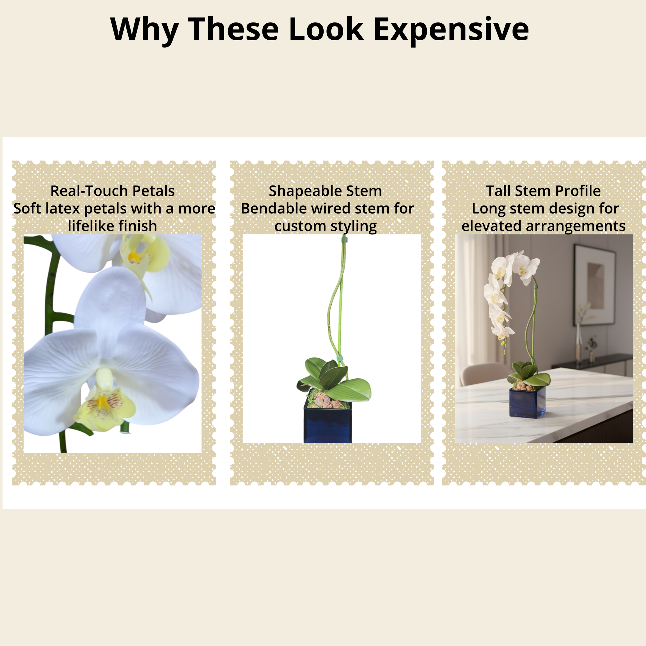 Artificial Single Stem White Orchid Arrangement in Blue Glass Cube Planter | Faux Phalaenopsis Floral Decor