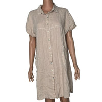 Azucar 100% Linen Short Sleeve Button Front Fringe Trim Shirt Dress with Pockets