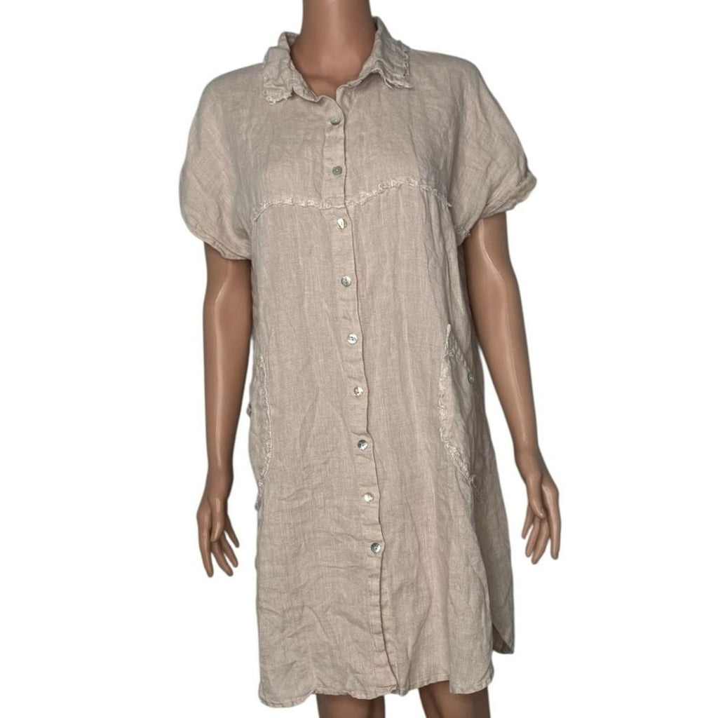 Azucar 100% Linen Short Sleeve Button Front Fringe Trim Shirt Dress with Pockets
