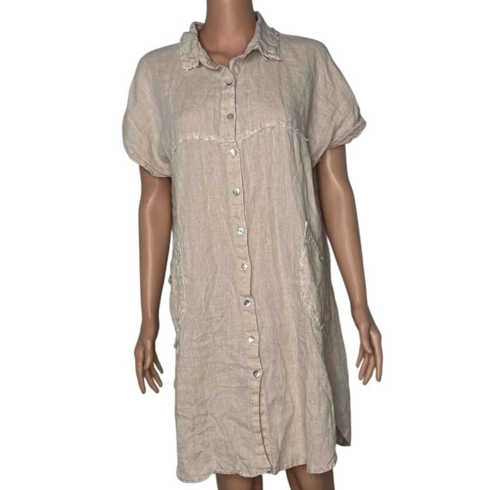 Azucar 100% Linen Short Sleeve Button Front Fringe Trim Shirt Dress with Pockets